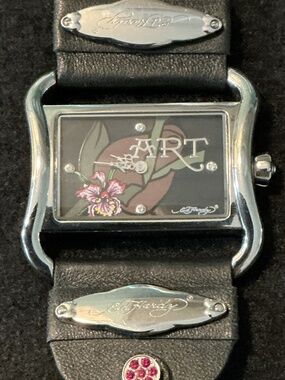 Ed Hardy ART Watch by Christian Audigier Y2K Black Leather Rhinestone